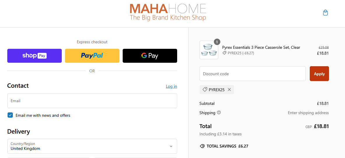 The Mahahome discount code on the checkout page of the Mahahome website: labelled voucher code