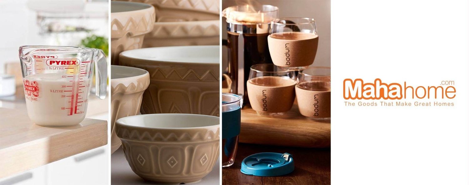 Mahahome homeware images including a measuring jug, mixing bowl, and a reusable coffee cup beside the Mahahome logo 