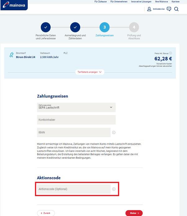Schreenshot vom dritten Buchungsschritt "Zahlungsoptionen", wo du deinen Mainova Gutschein einlösen kannst