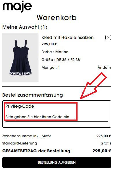 Screenshot vom Eingabefeld mit Hinweis darauf, wo du deinen Maje Gutschein einlösen kannst