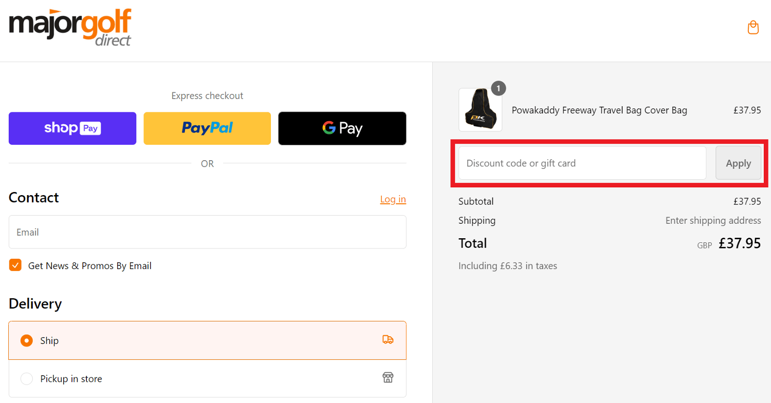 Major Golf Direct discount code area during checkout