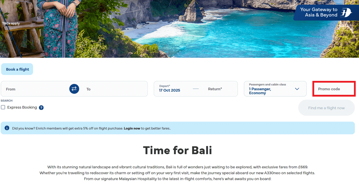 Malaysia Airlines discount code redemption box whilst booking flights