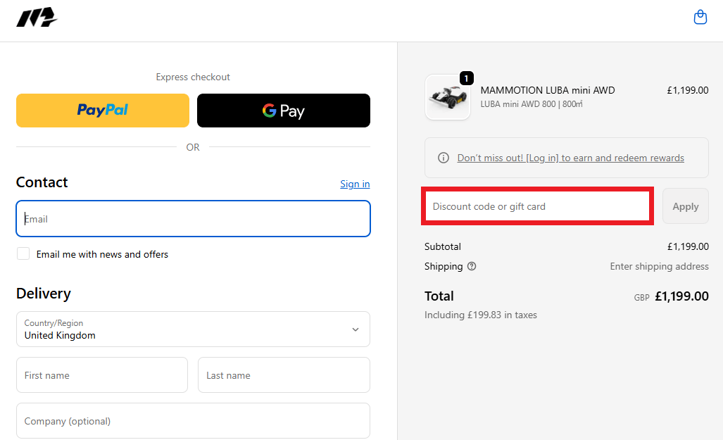Mammotion discount code redemption box image