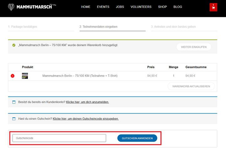 img: mammutmarsch-gutschein-einloesen / alt: Screenshot aus dem Warenkorb mit Hinweis darauf, wie du den Mammutmarsch Gutschein einlösen kannst.