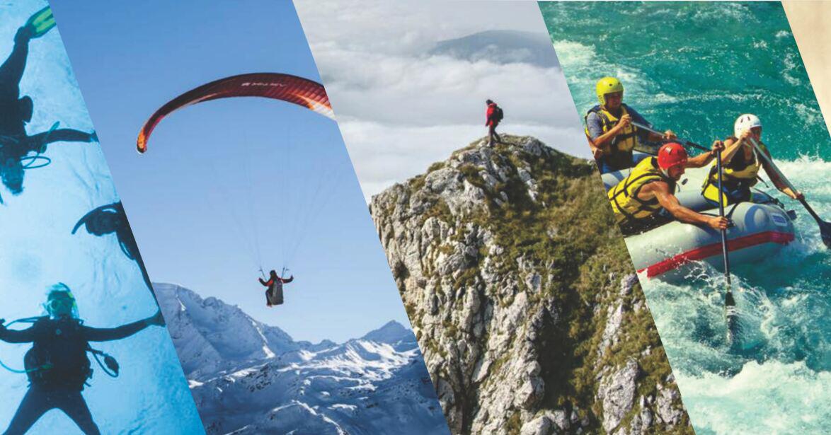 Manawa savings guide image - A selection of thrilling activities including scuba diving, paragliding and rafting