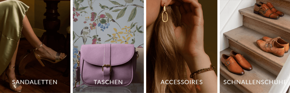 Banner für die Manfield Gutscheinseite: Manfield Schuhe, Taschen und Accessoires als Kategorievorschauen im Shop