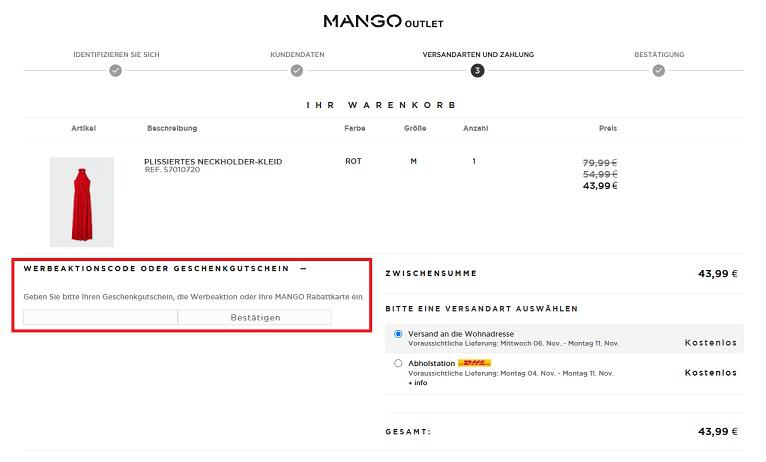 img: mango-outlet-gutschein-einloesen / alt: Screenshot aus dem Warenkorb mit Hinweis darauf, wo du den Mango Outlet Gutschein einlösen kannst.