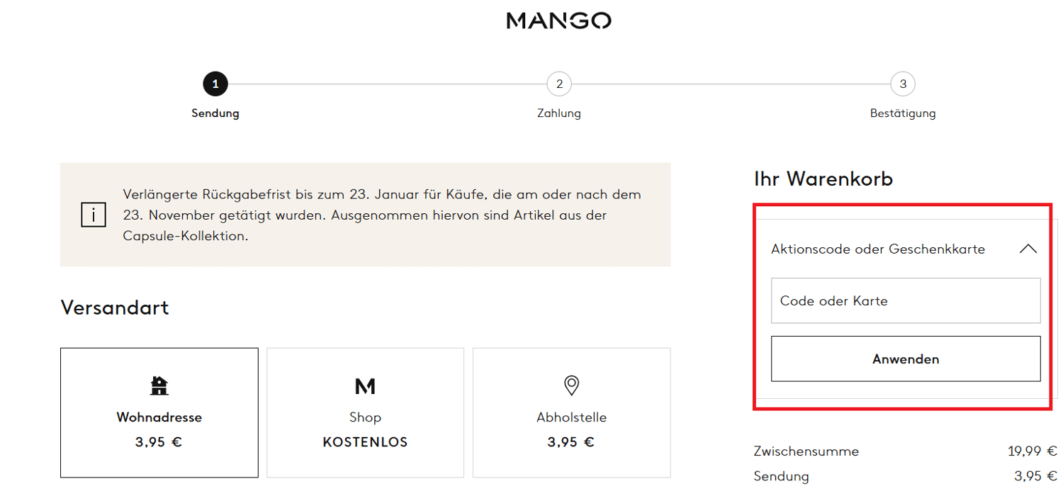 img: mango--gutschein-einloesen / alt: Screenshot aus dem Warenkorb mit Hinweis darauf, wie du den Mango Outlet Gutschein einlösen kannst.