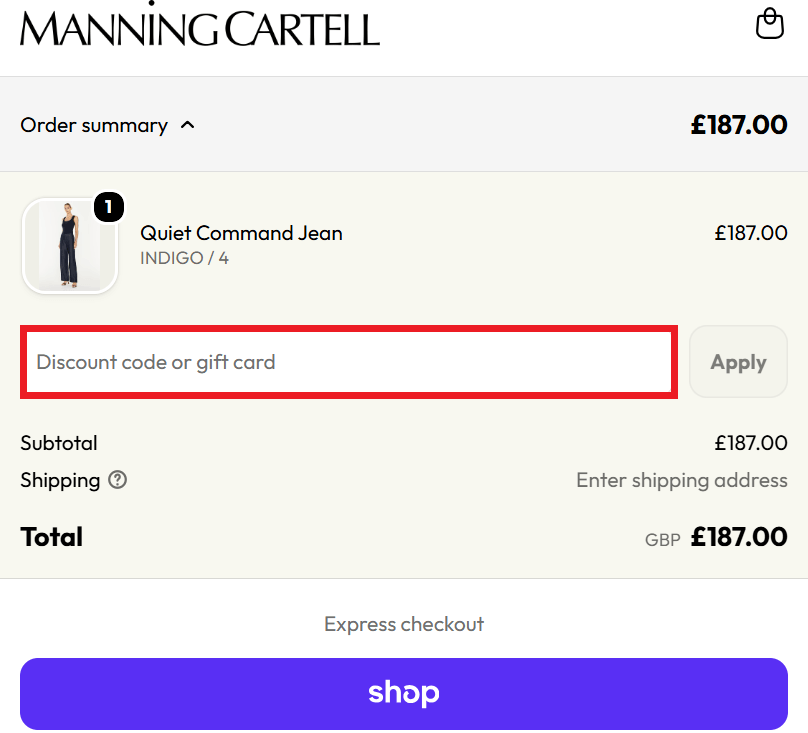 MANNING CARTELL discount code redemption box image