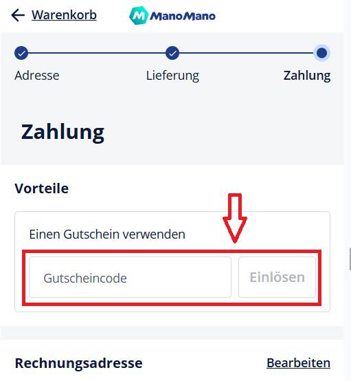 Checkout-Screenshot mit Eingabefeld für deinen ManoMano Rabattcode