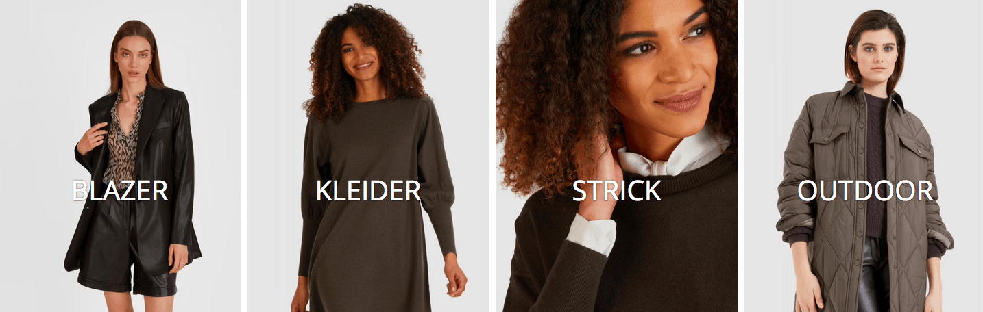 Sortimentsbanner für Marc Aurel Damenmode: Blazer, Kleider, Strick, Outdoor