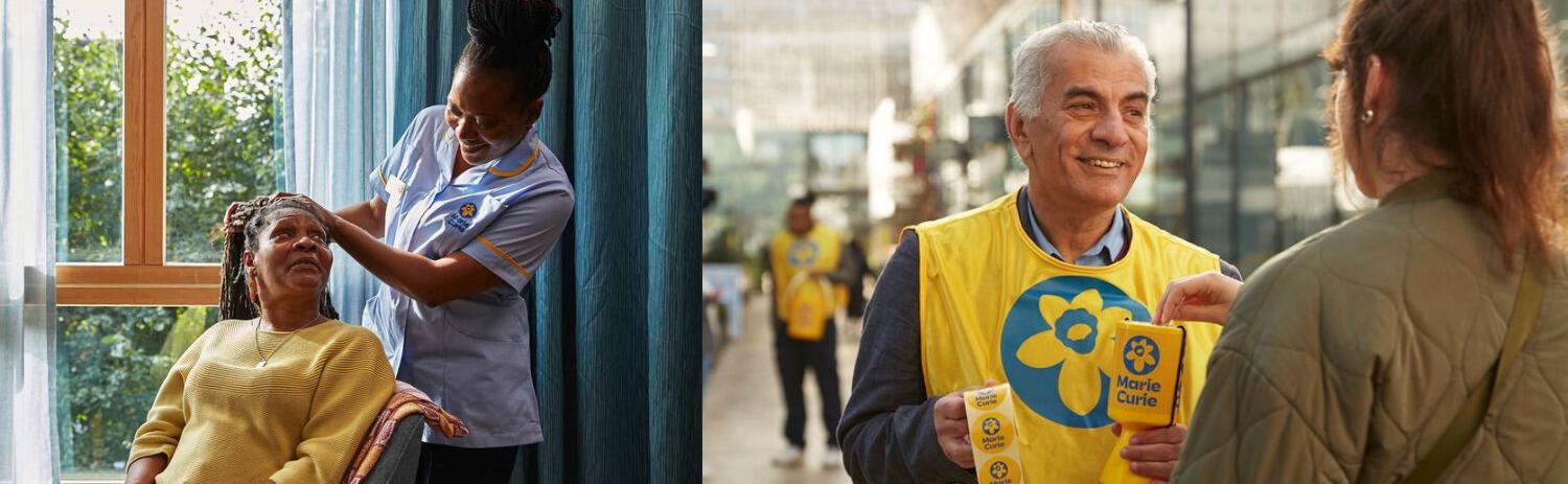 A nurse doing a patients hair alongside an image of a male fundraiser wearing a yellow daffodil tabard