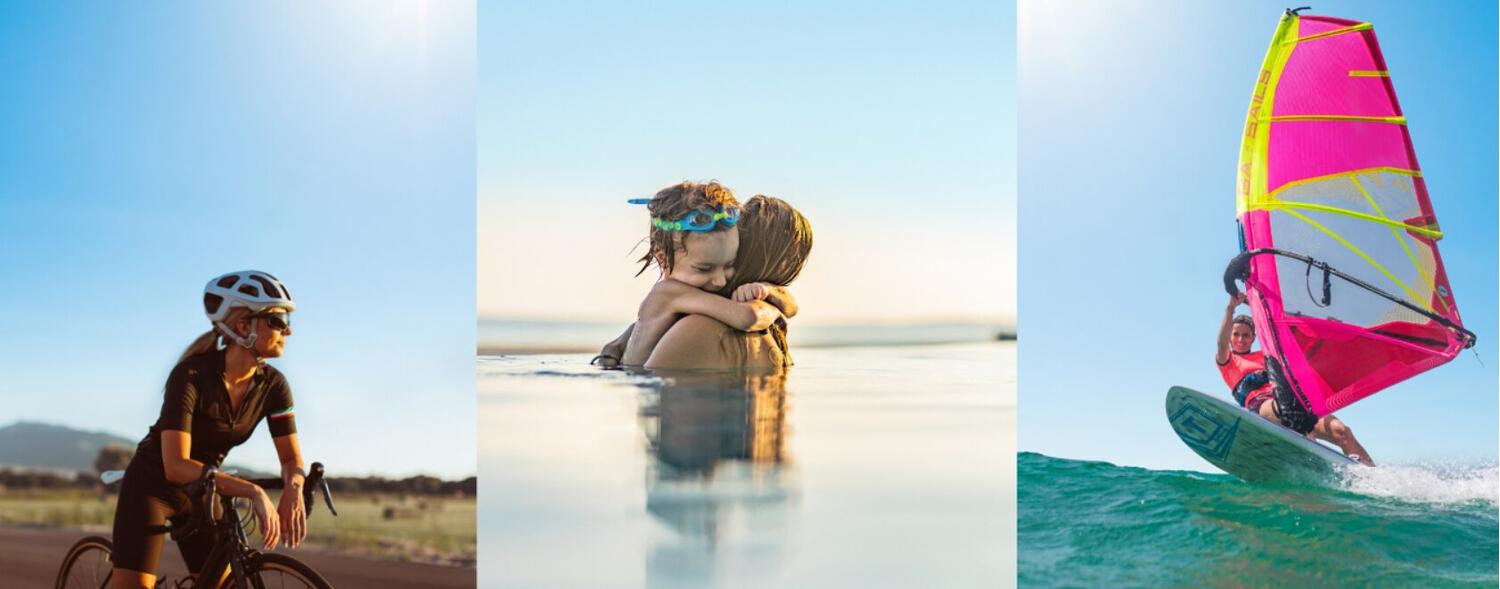 Mark Warner savings guide banner. Image shows 3 images of a woman riding a bike, a mother and child in the pool and a person windsurfing