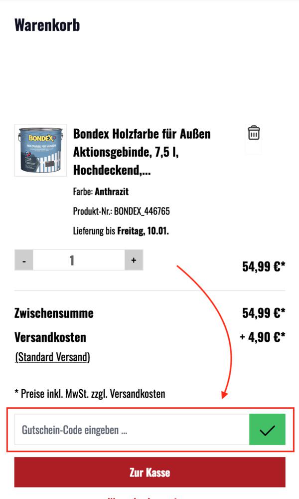 Warenkorb-Screenshot mit Eingabefeld für deinen Markenbaumarkt24 Gutschein