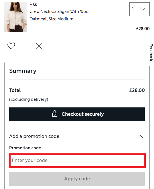 marks & spencer discount code redemption during checkout