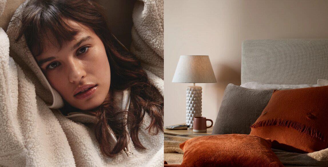 Marks and Spencer Autumn/Winter savings banner. Image shows a picture of a woman wearing warming clothing and alongside it an image of pillows and throws