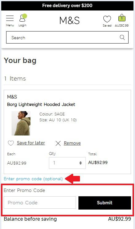 Marks & Spencer promo code box in bag view