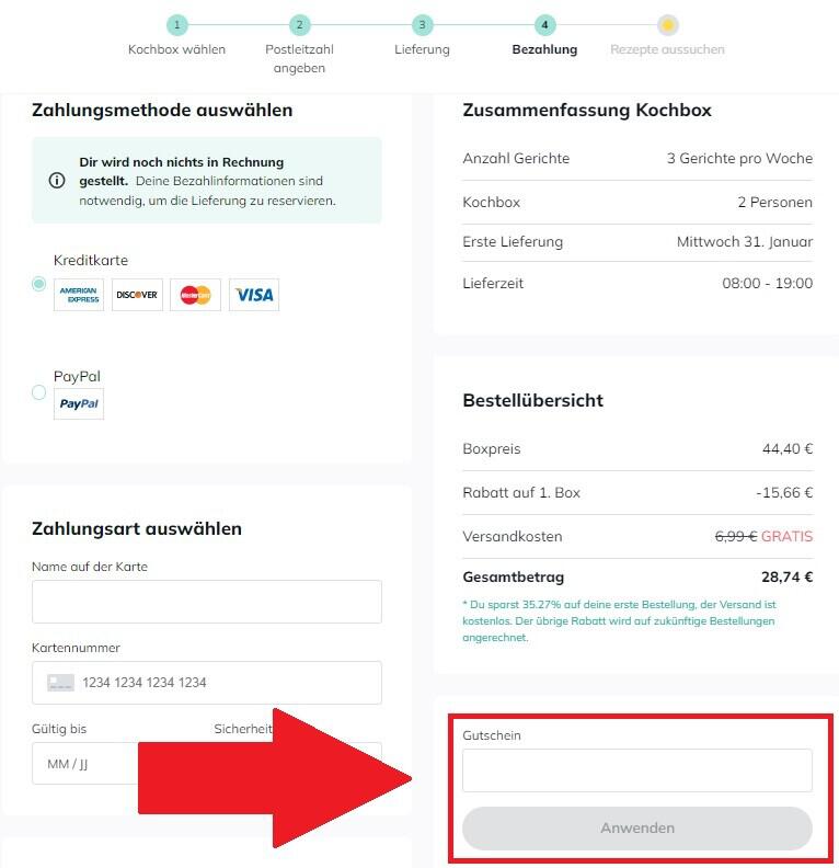 Eingabefeld für einen Marley Spoon Gutschein beim Bestellvorgang