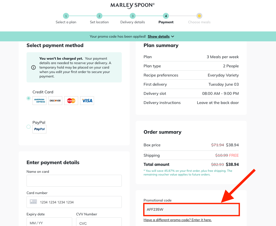 Marley Spoon promo code box on checkout page