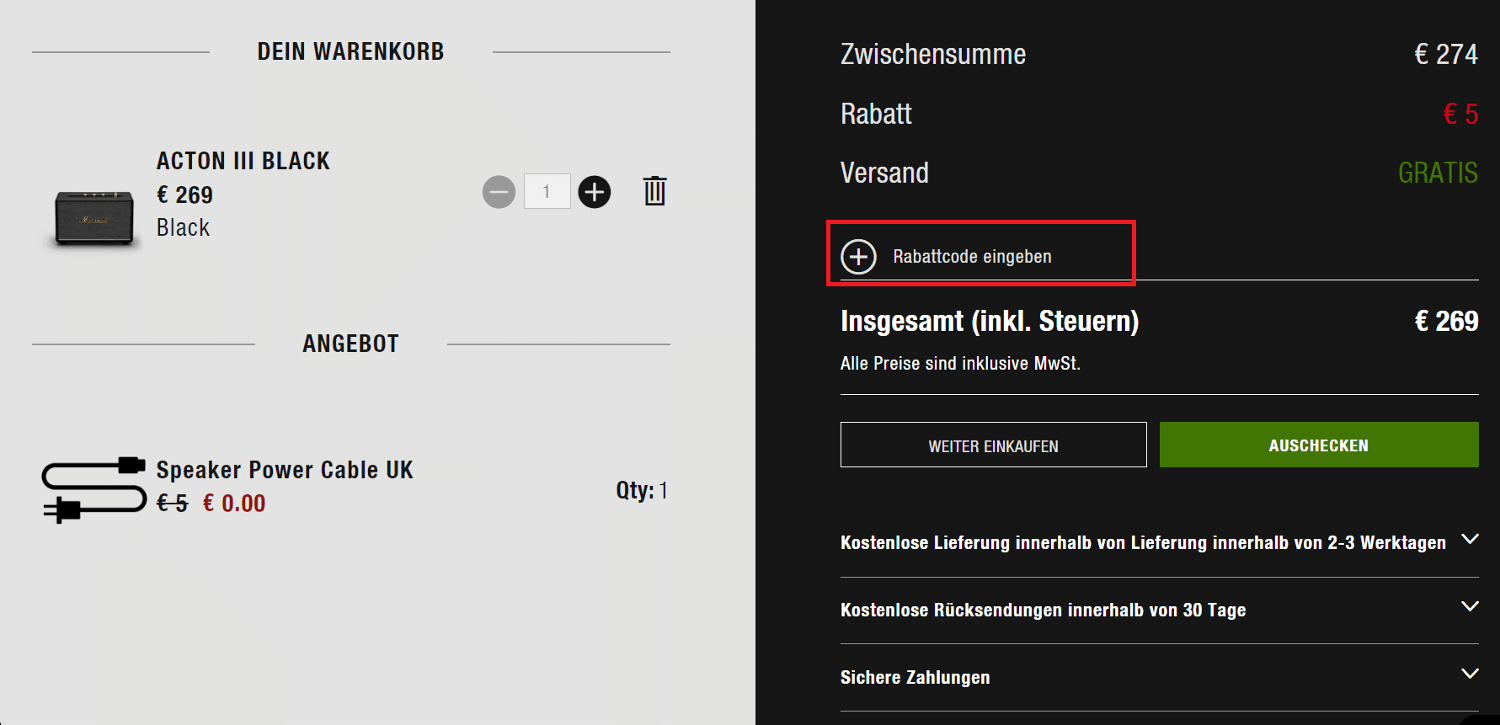 Eingabefeld für einen Marshall-Headphones-Gutschein im Warenkorb