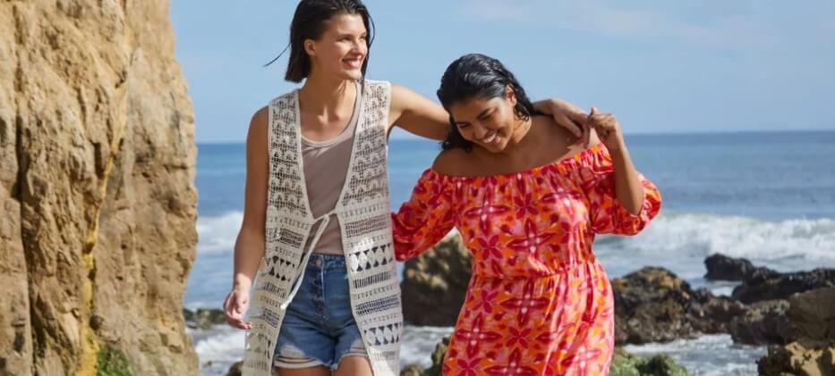 Matalan summer savings banner featuring 2 women laughing on beach