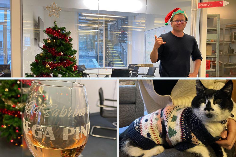 The Savoo office decorated for Christmas, a personalised wine glass, and a cat in a Christmas jumper