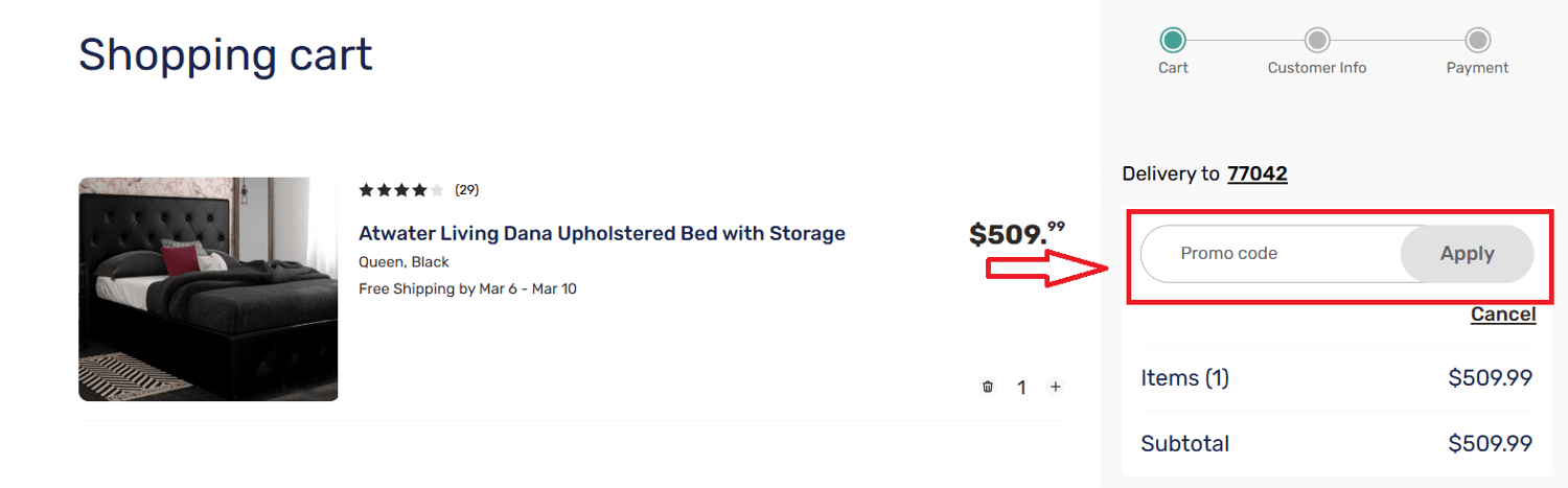 Mattress Firm coupon code box on the shopping cart page