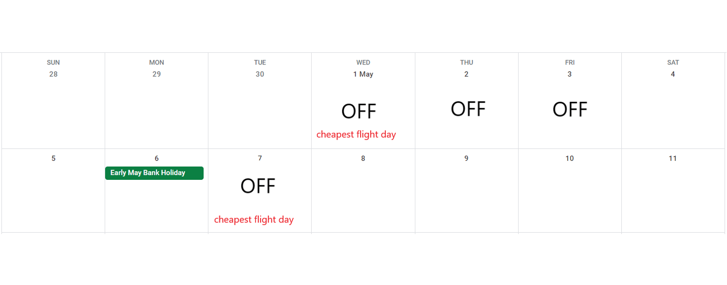 Calendar for May 2024 displaying the early May bank holiday