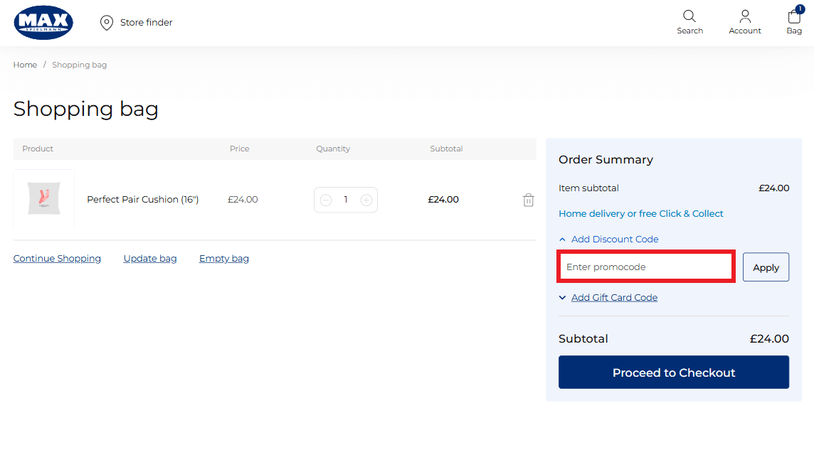Max Photo discount code redemption box in shopping basket