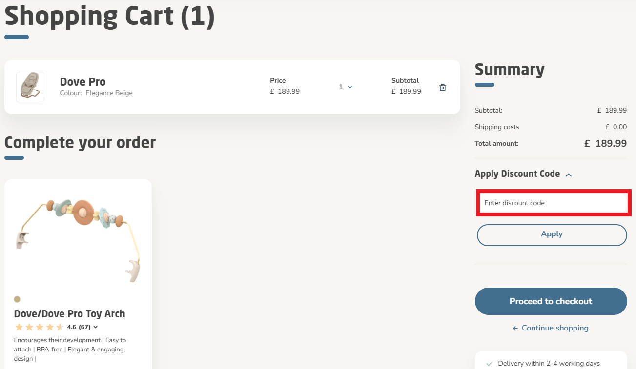 Maxi Cosi discount code box during checkout box