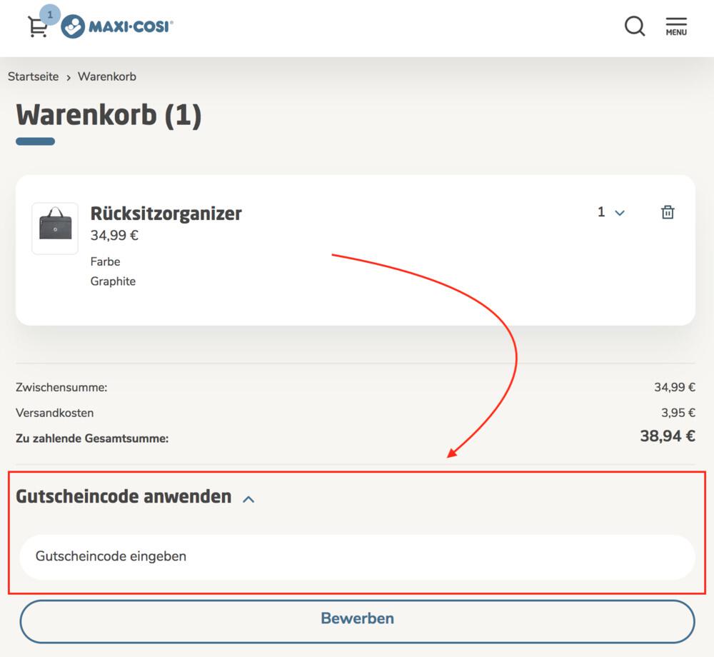 Warenkorb-Screenshot mit Eingabefeld für deinen Maxi-Cosi Gutschein
