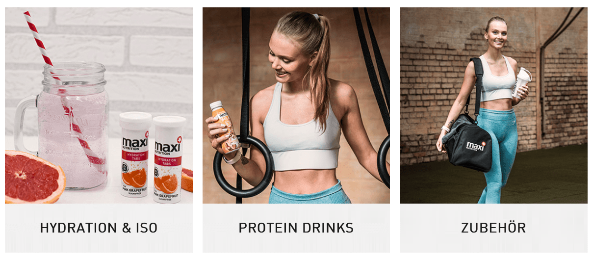 Startseite des MaxiNutrition Online Shops mit Hydration, Drinks und Zubehör Auswahl