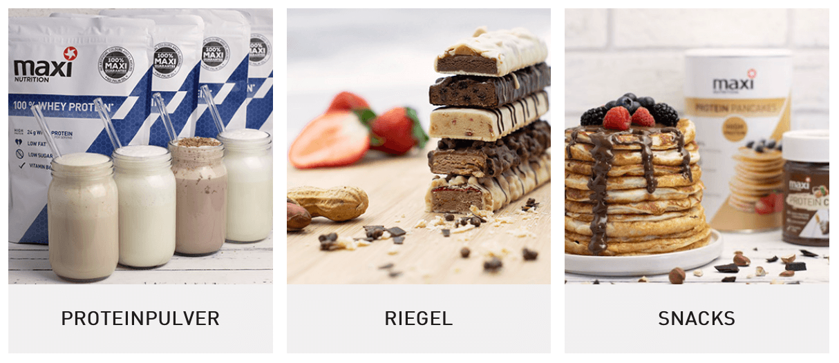 Startseite des MaxiNutrition Online Shops mit Sortimentauswahl
