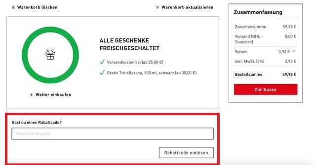 Rabattcode Eingabefeld für MaxiNutrition Gutscheine im Warenkorb des Online Shops