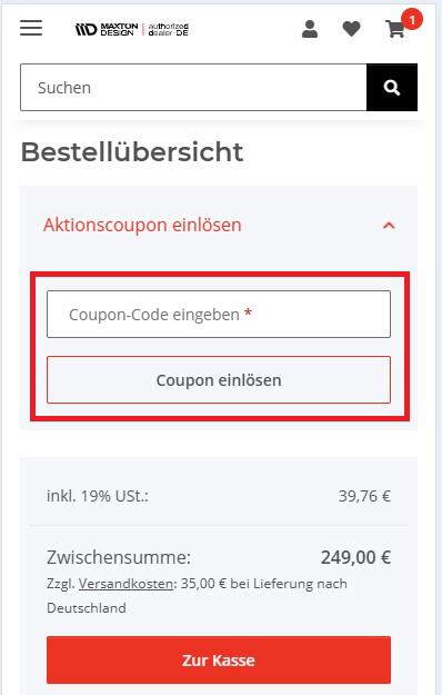 Eingabefeld für den Maxton Design Rabattcode