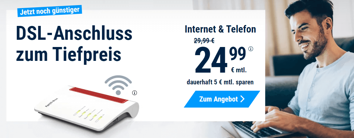Banner für die maXXim Gutscheinseite mit Hinweis auf die DSL Aktion mit monatlich 5 € Rabatt