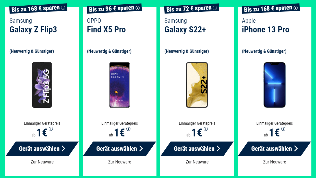 Screenshot von Refurbished Geräten bei maXXim mit Hinweis auf bis zu 168 € Rabatt gegenüber der Neuware