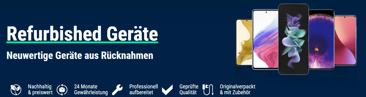Banner für Refurbished Geräte von maXXim mit Hinweis auf 24 Monate Gewährleistung, geprüfte Qualität, Originalverpackung und Zubehör