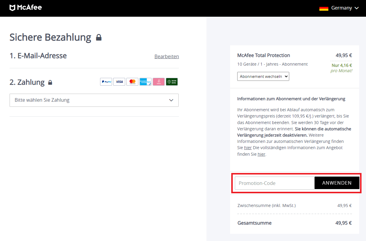 Bei den Zahlungsdetails kannst du einen McAfee-Gutschein einlösen