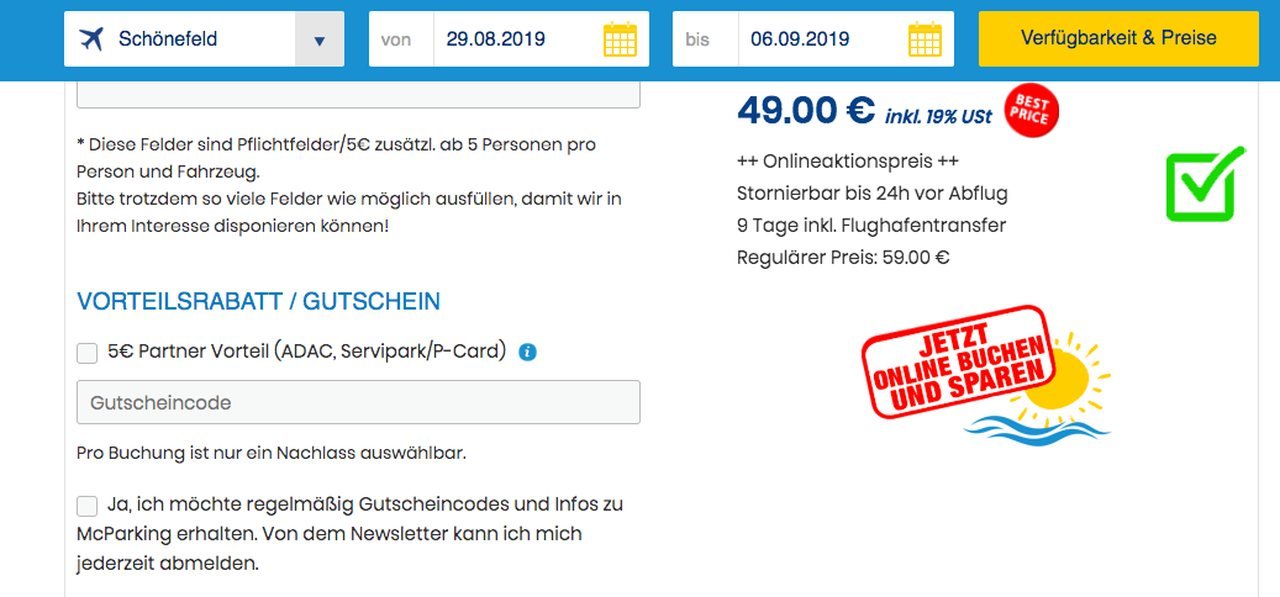 Buchungsvorgang bei McParking mit Feld zum Einfügen des Gutscheins
