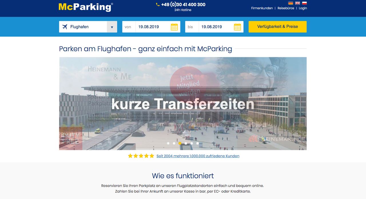 Screenshot von Angeboten auf der McParking-Website