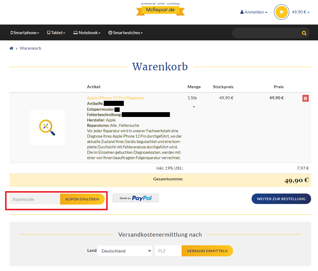 Ansicht vom Warenkorb mit Eingabefeld, wo du einen McRepair Gutschein einlösen kannst