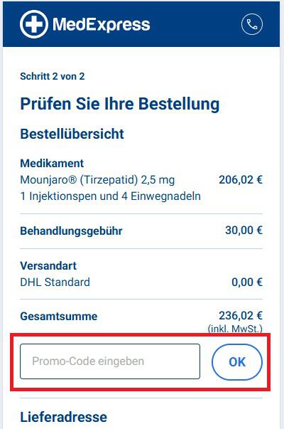 Eingabefeld für einen MedExpress Rabattcode