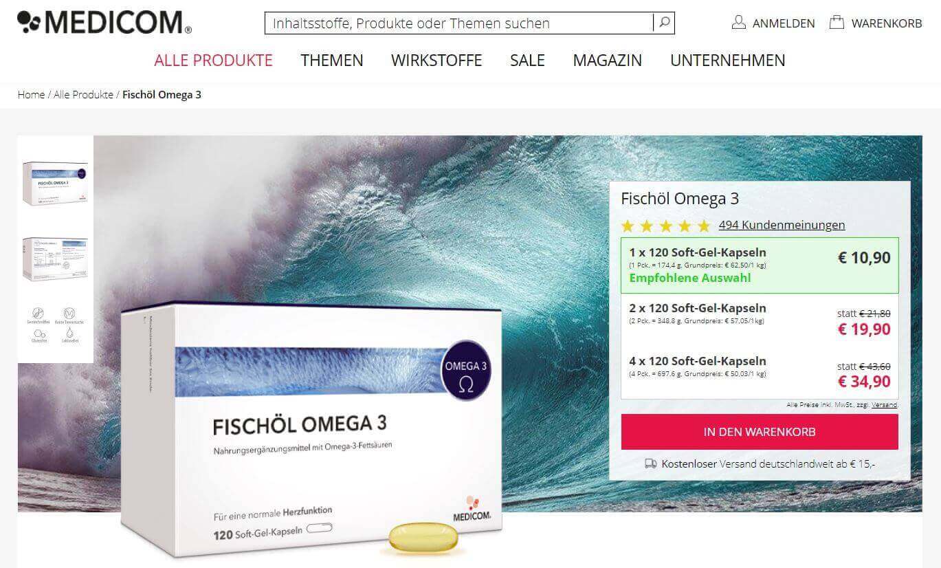 Artikelansicht der Medicom Fischöl Omega 3 Kapseln, die es mit Mengenrabatt 20 Prozent günstiger gibt