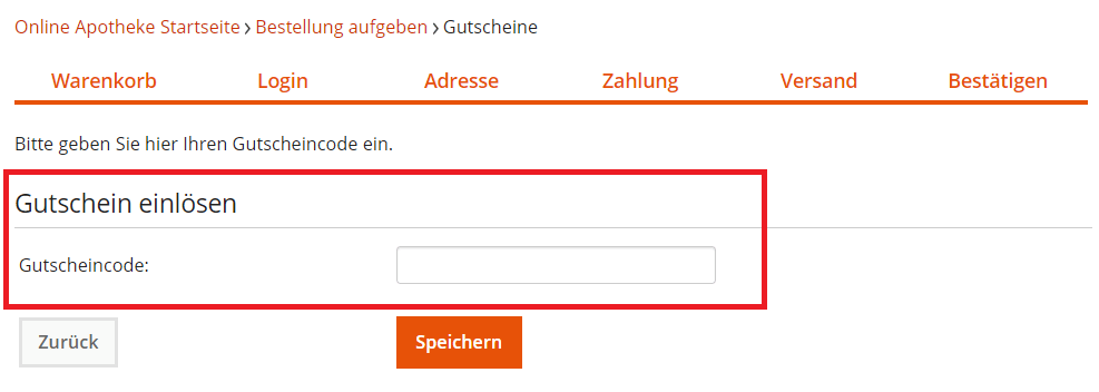 Eingabefeld im Warenkorb für den Medpex Gutschein