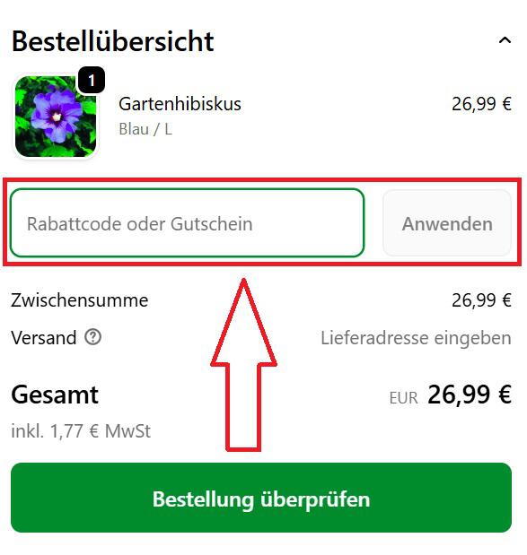 Screenshot vom Eingabefeld mit Hinweis darauf, wo du deinen Mein schöner Garten Gutschein einlösen kannst