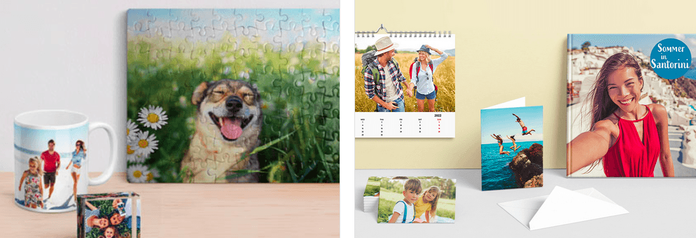 Auswahl verschiedener Meinfoto Fotogeschenke wie Fotopuzzle, Fototasse und Fotobuch