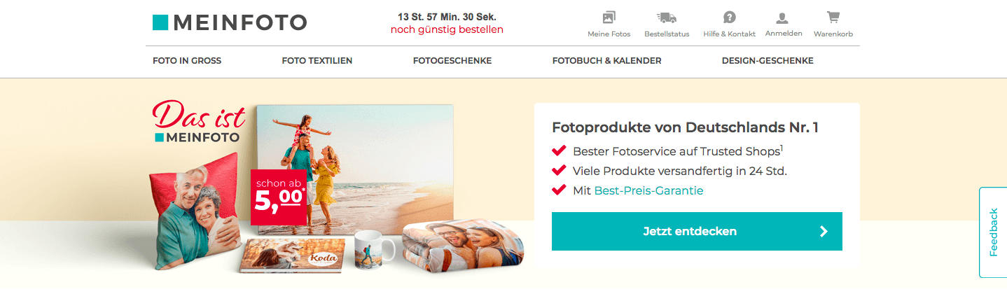 Startseite im Online Shop mit Auswahl von Meinfoto Fotoprodukten