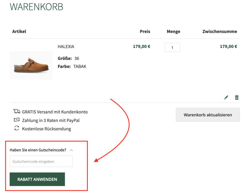Warenkorb-Screenshot mit Eingabefeld für deinen Mephisto Gutschein