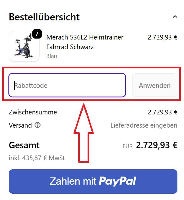 Screenshot-Ansicht, um einen Merach Rabattcode einzulösen